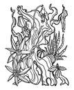 Fantasy star flowers and succulent on old piece of wood. Coloring page antistress for children and adults. Royalty Free Stock Photo